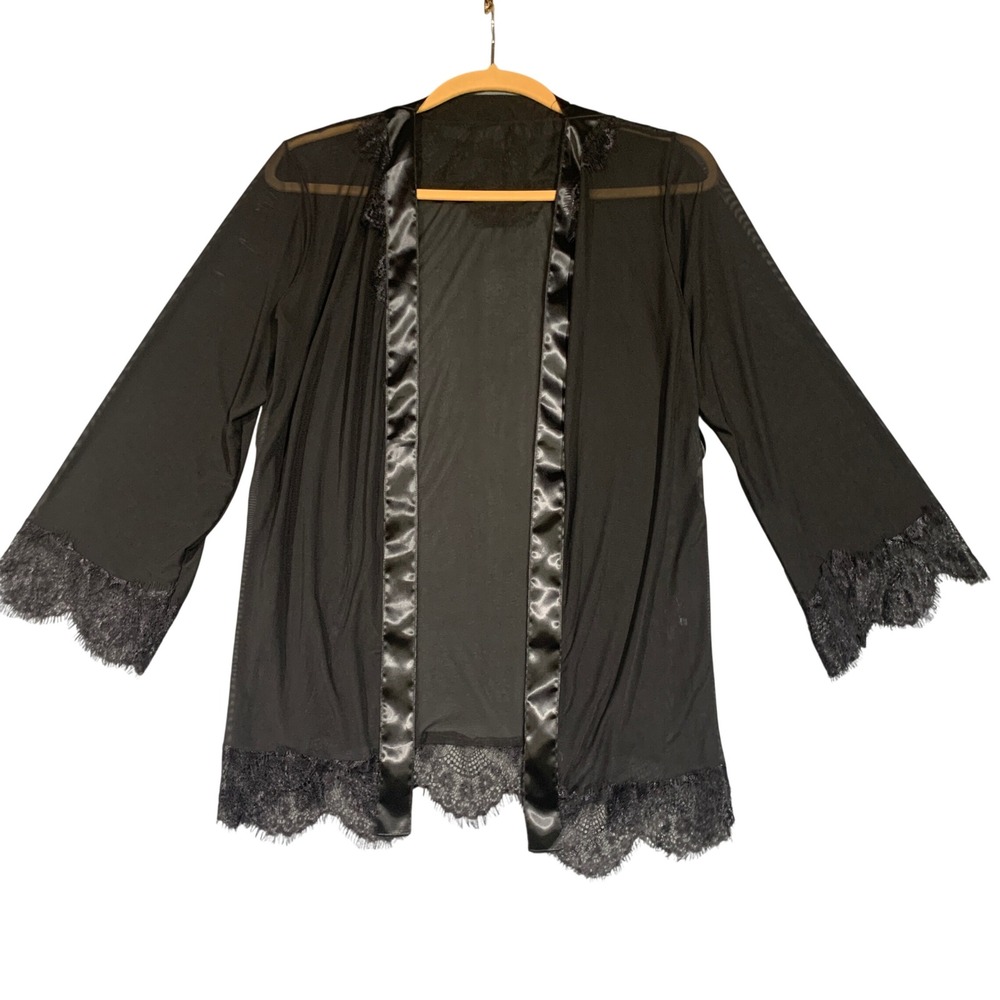 Avidlove Black Sheer Mesh Lace Trim Robe Kimono XL Front Satin Trim Lingerie